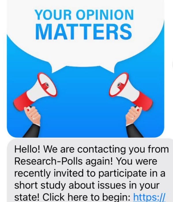 A graphic image shows two hands holding megaphones, inviting people to participate in an opinion poll.